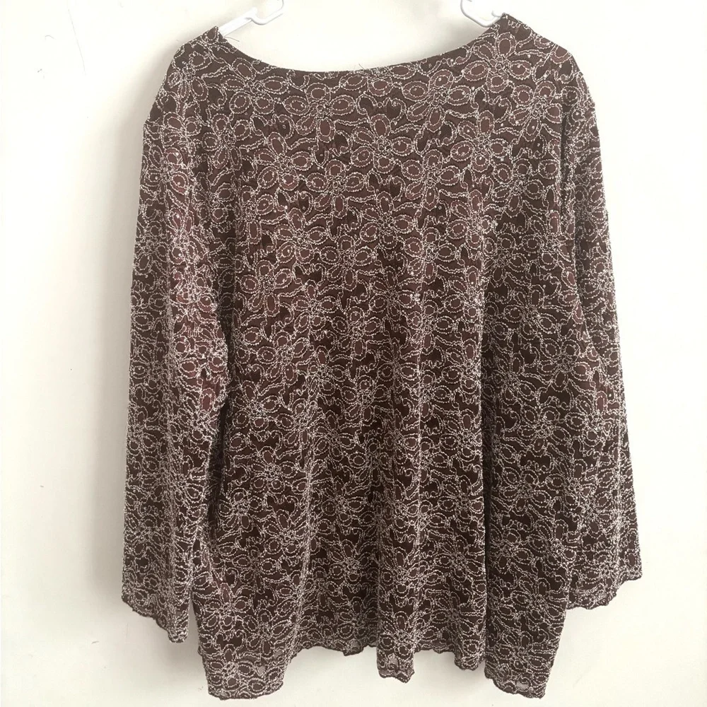 Embroidered Brown Lace Blouse 3X Floral Boho Artsy Mature Elegant Evening Party